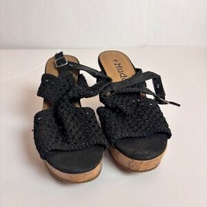 Mudd Black Woven Wedge Sandals 7.5 Cork Platform Slingback Boho Summer Concert
